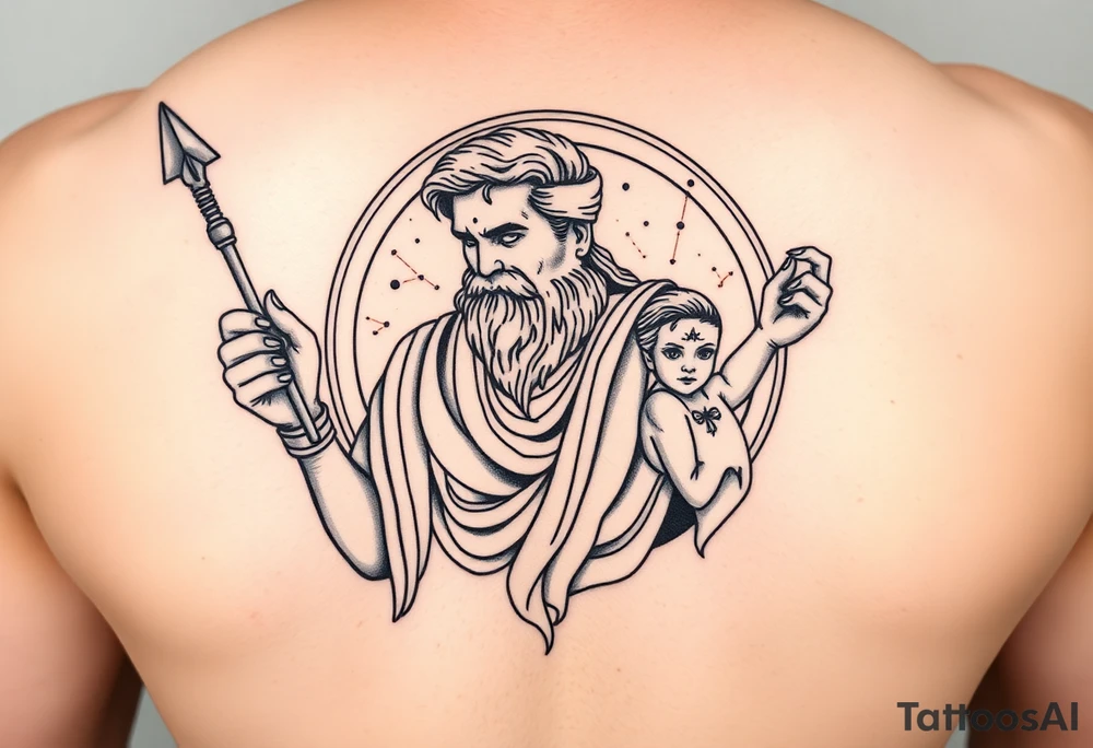 a tattoo design of the Greek God Saturn holding his spear in one hand with the Saturn Symbol as the spear head, in his other hand holding a twin but younger version of himself. The gemini constellation is in the background behind the Saturn Gods with the saturn rings circling around the whole design on an axis. tattoo idea