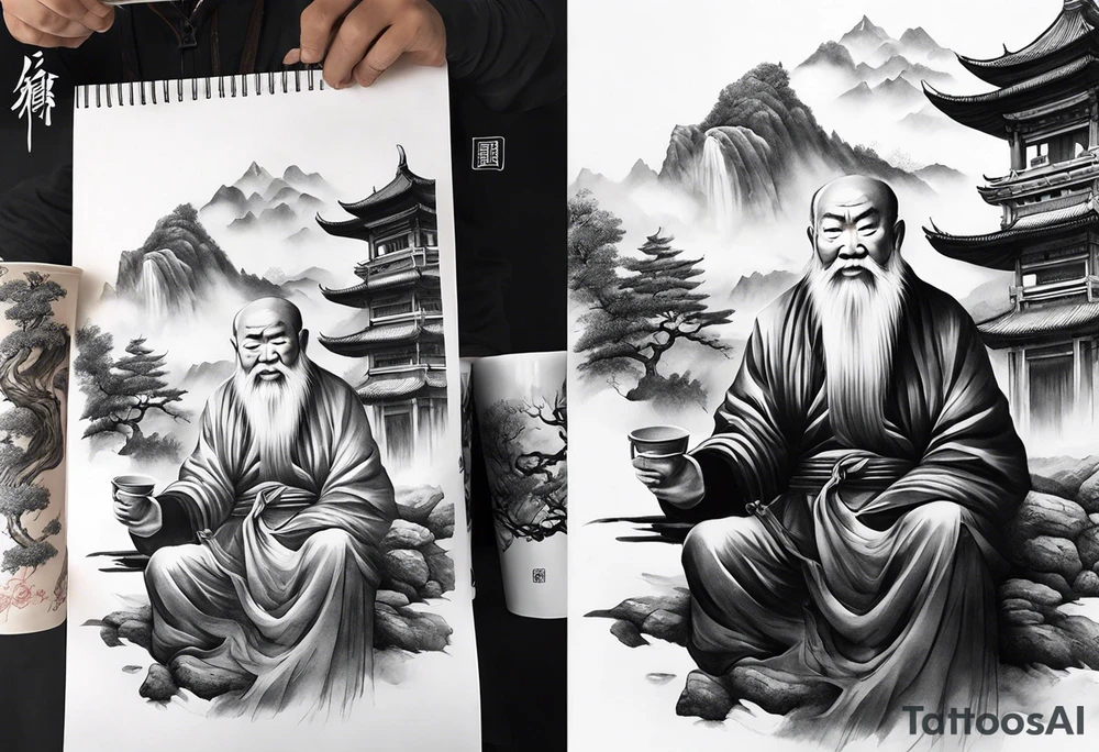 forearm sleeve traditional chinese art painting style Chinese temple two old men wearing robes and drinking tea mountains mist fog waterfall tattoo idea