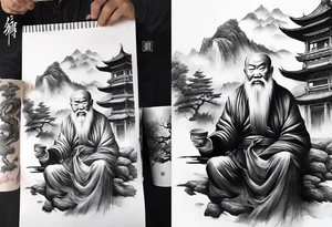 forearm sleeve traditional chinese art painting style Chinese temple two old men wearing robes and drinking tea mountains mist fog waterfall tattoo idea