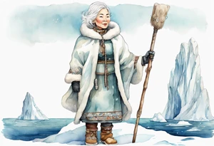 a middle aged Inuit woman with white hair, wearing mittens, mukluks, and a white cloak. Holding a white staff. Standing on an iceberg in the sea tattoo idea