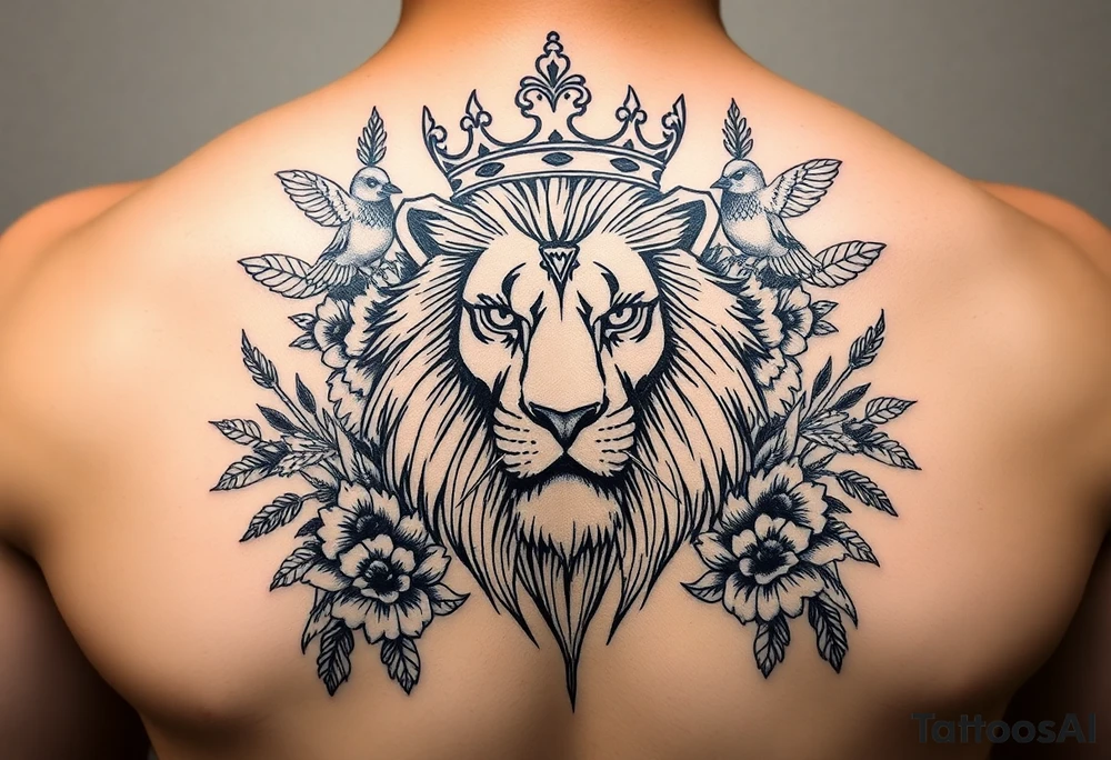 powerful majestic lion with a crown, surrounded by floral ornaments and birds tattoo idea