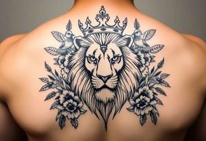 powerful majestic lion with a crown, surrounded by floral ornaments and birds tattoo idea