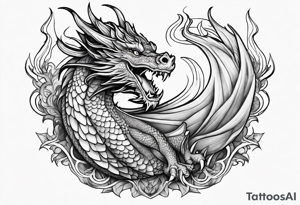 An ornate dragon breathing fire, with intricate scales and a fierce expression, symbolizing power and protection.” tattoo idea
