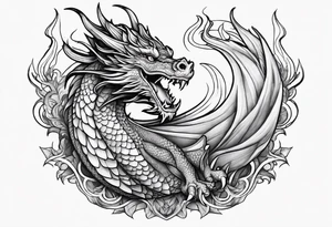 An ornate dragon breathing fire, with intricate scales and a fierce expression, symbolizing power and protection.” tattoo idea