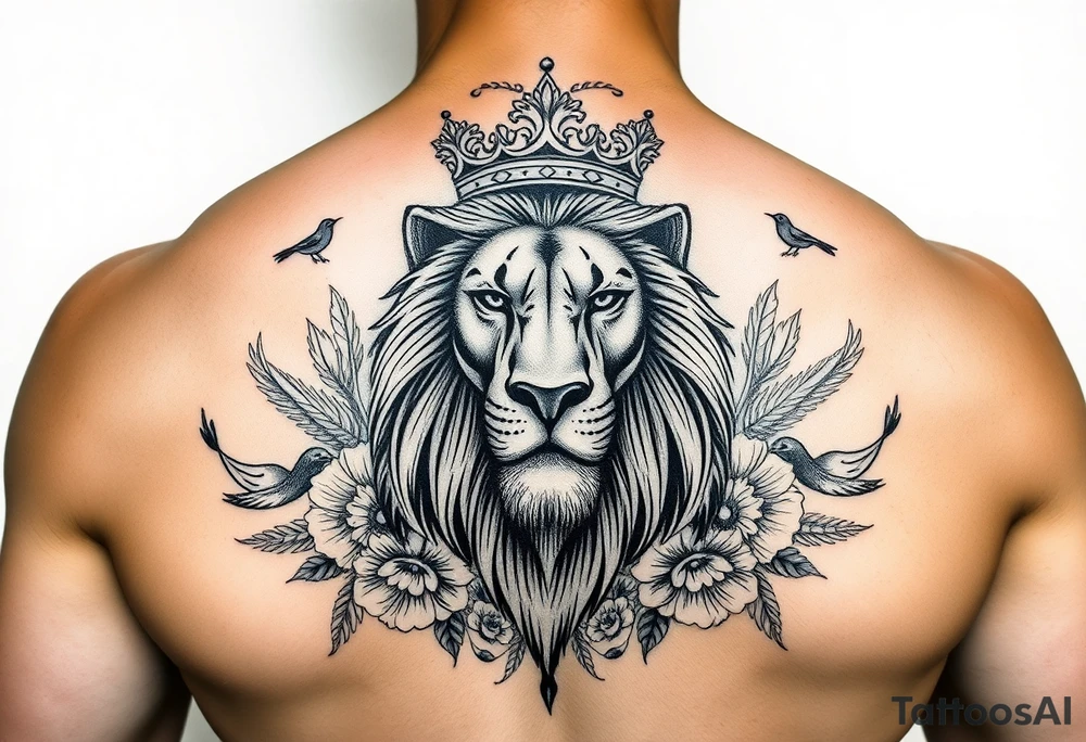 powerful majestic lion with a crown, surrounded by floral ornaments and birds tattoo idea