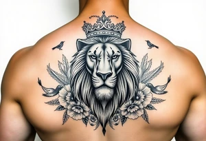 powerful majestic lion with a crown, surrounded by floral ornaments and birds tattoo idea