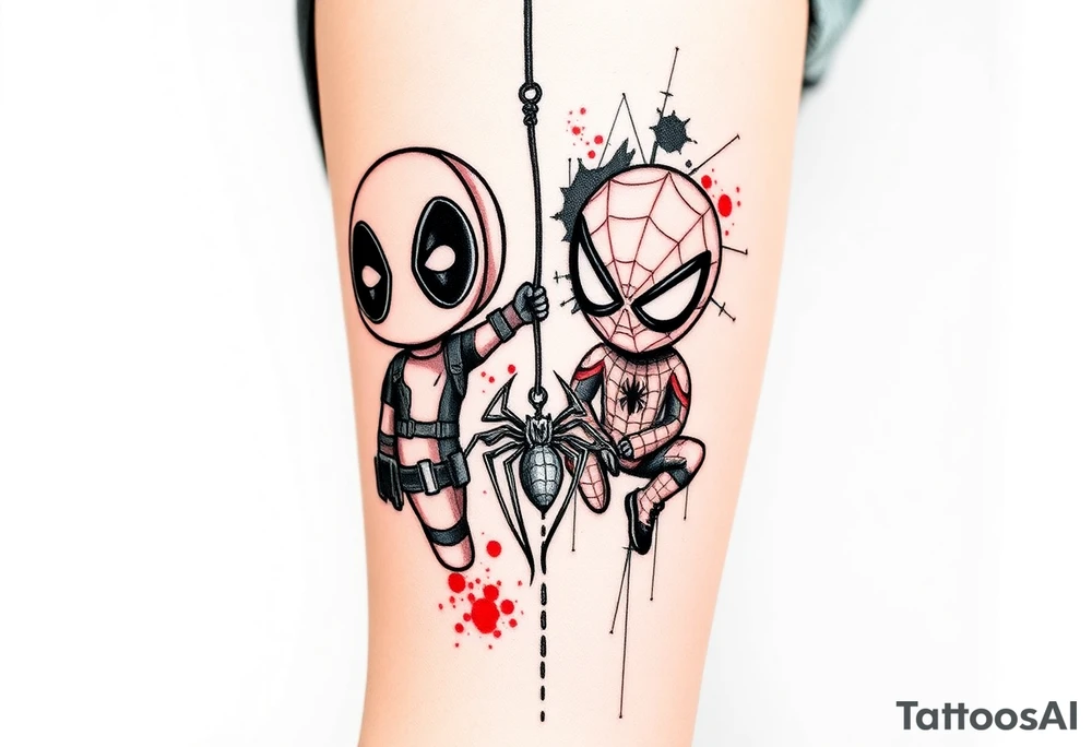 Project: Upper Arm Half-Sleeve Tattoo (Chibi Marvel Duo)
Placement: Upper Arm (Shoulder cap down to just above the elbow)
Reference Images: Chibi Deadpool (Image 1) and Chibi Spider-Man (Image 2)
Design Request & Layout:
* Please stack the characters dynamically to fit my upper arm. I'd like Deadpool positioned near the top/shoulder cap, and Spider-Man sitting near the bottom/above the elbow.
* Use the dangling spider and its web thread, along with loose, energetic construction lines, to transition between the two characters and wrap the design around the arm.
Art & Color Style:
* Linework: Please harmonize both characters into a singular, unified style—blending Deadpool's clean comic ink lines with Spider-Man's raw, cross-hatched sketchbook aesthetic.
* Color: The base of the tattoo should be gritty black-and-grey sketch shading. However, I want vibrant pops of red on their suits.
* The Splatter Effect: Instead of keeping the red cleanly inside the lines, please style the red color as a loose, dynamic watercolor/ink splatter effect that bursts out past their outlines and fades into the negative skin space. tattoo idea