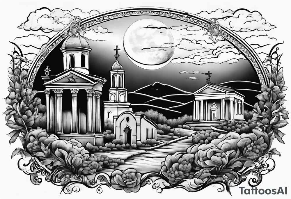 Graveyard with moon and greek church on hills with clouds tattoo idea