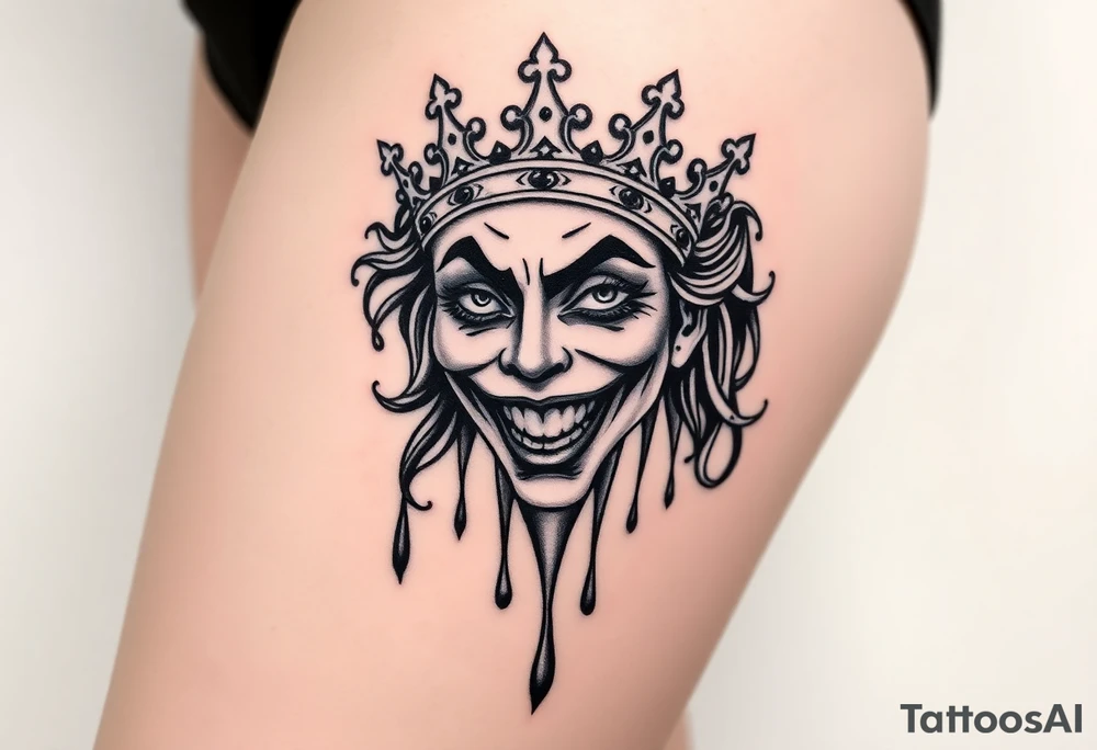 Candy new age joker face with crown dripping tattoo idea