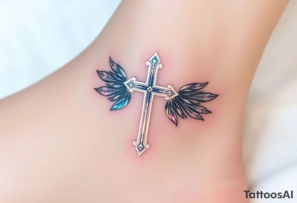 A glowing silver cross with floating feathers, each reflecting hints of pink, blue, and soft gold tattoo idea