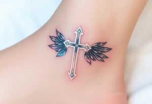 A glowing silver cross with floating feathers, each reflecting hints of pink, blue, and soft gold tattoo idea