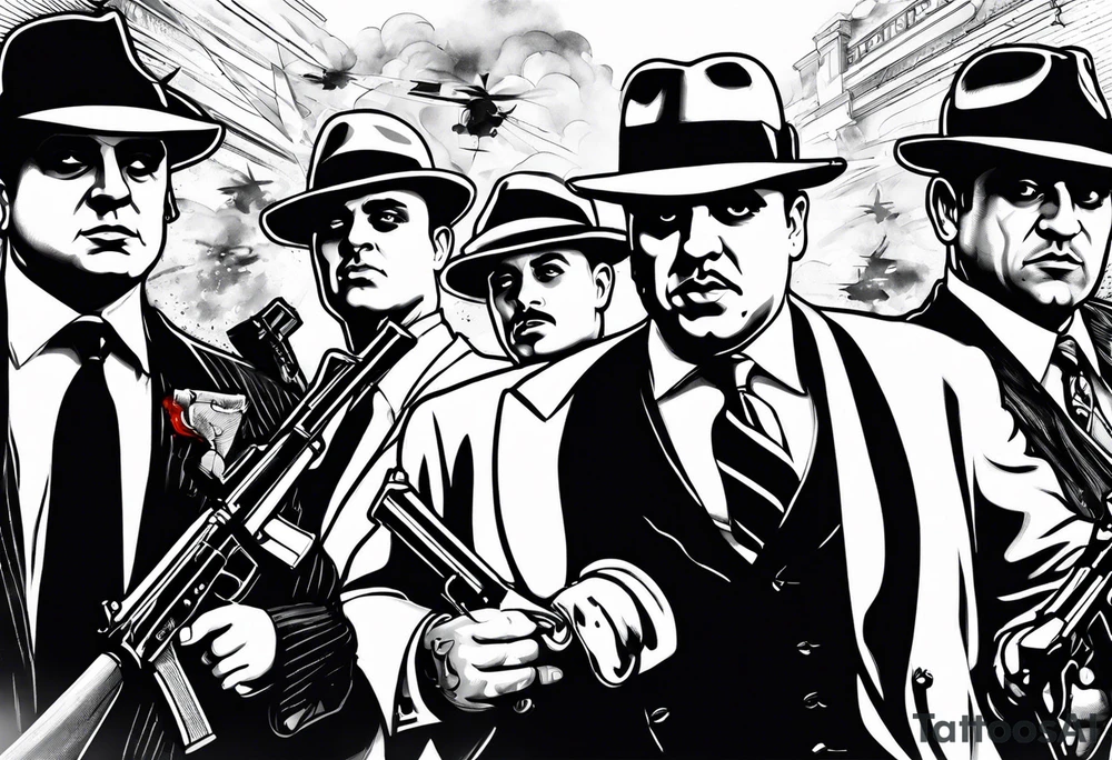 group of gangsters including Al Capone with machine guns surrounded by smoke and fire tattoo idea