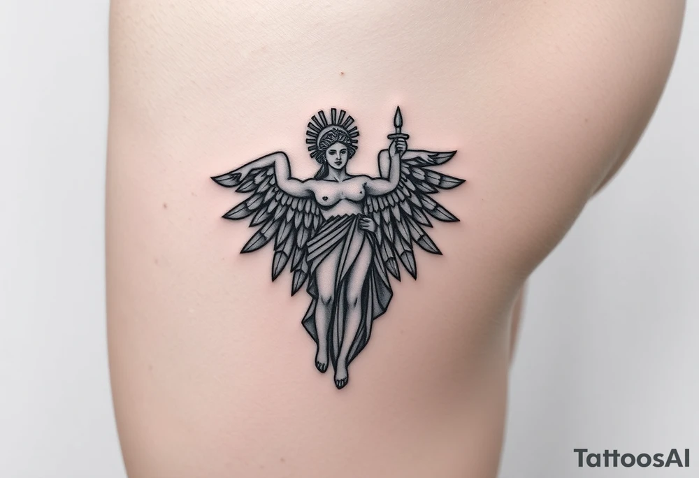 outer thigh tattoo greek sculpture athena, fine line tattoo idea