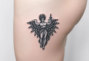 outer thigh tattoo greek sculpture athena, fine line tattoo idea