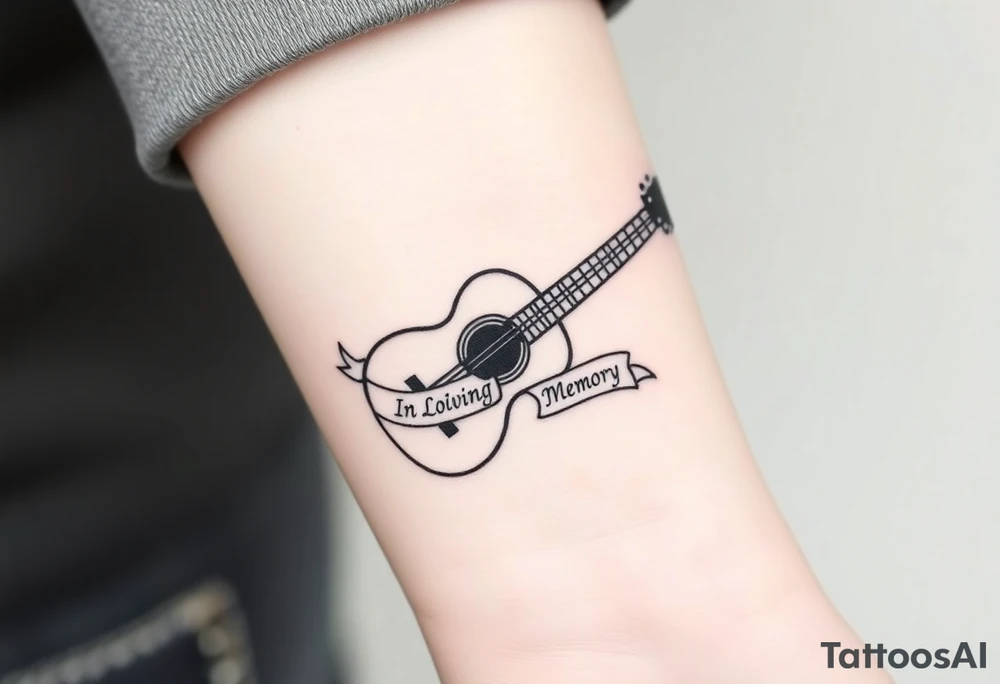 Accustic Guitar with ribbon wrapped around with In Loving Memory tattoo idea