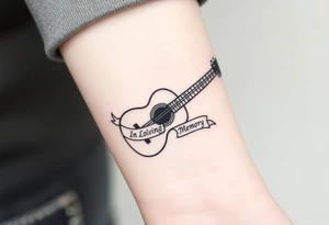 Accustic Guitar with ribbon wrapped around with In Loving Memory tattoo idea