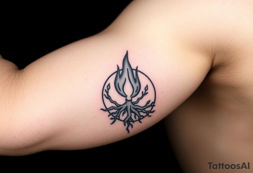 flame in a roots circle, with little sprouts on the outer circle tattoo idea