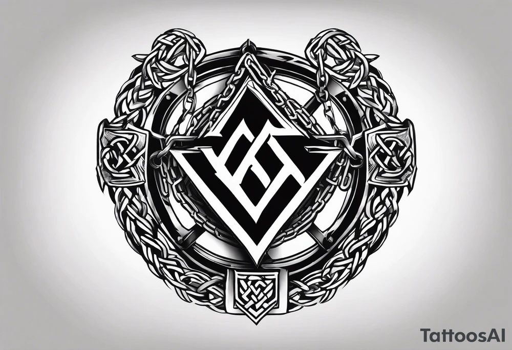 Valhalla sword shield axe barbed wire chains valknut tattoo idea