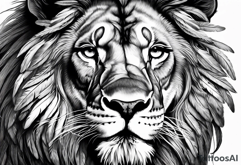 Powerful lion and feathers tattoo idea