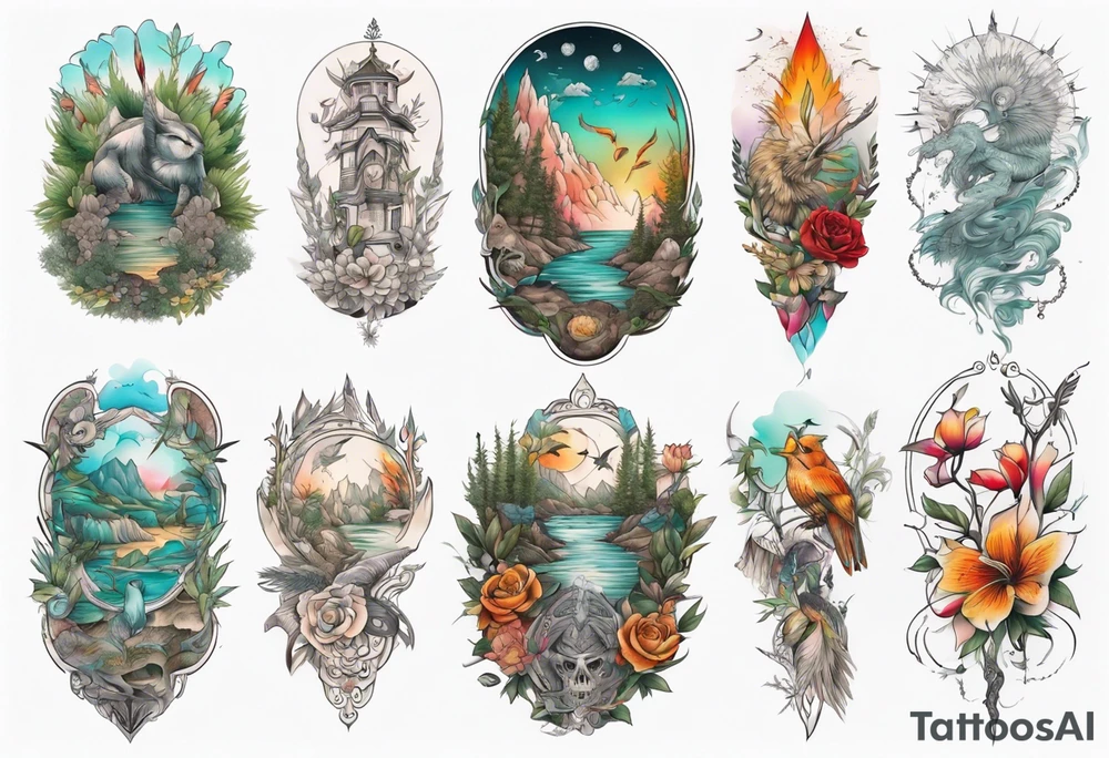 Full Back tattoo fine line with nature and some
Colors tattoo idea