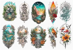 Full Back tattoo fine line with nature and some
Colors tattoo idea