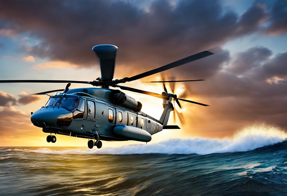 Canadian military grey CH-148 Cyclone helicopter soaring low over rough, ocean waves. The sun is setting, casting a dramatic glow on the scene with realistic clouds and a specular reflection of the helicopter on the water. The helicopter should be the main focus, with intricate details and a sense of motion. In the background, a poppy be prominently displayed tattoo idea