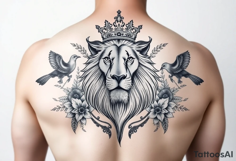 powerful majestic lion with a crown, surrounded by floral ornaments and birds tattoo idea