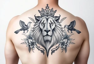 powerful majestic lion with a crown, surrounded by floral ornaments and birds tattoo idea