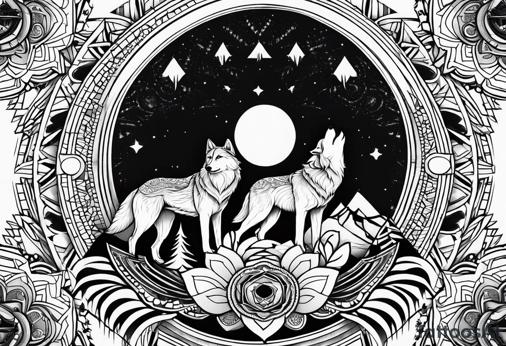 Mandala theme design with moon and wolves for forearms tattoo idea