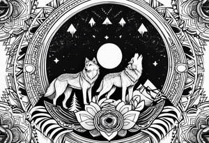 Mandala theme design with moon and wolves for forearms tattoo idea