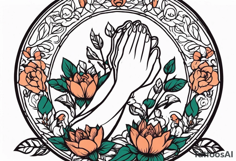 two 
hands praying with flowers simple bold tradional old school style bold colors tattoo idea