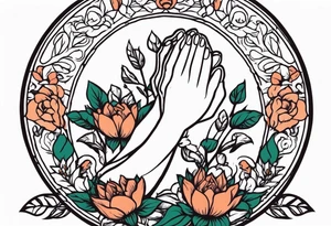 two 
hands praying with flowers simple bold tradional old school style bold colors tattoo idea