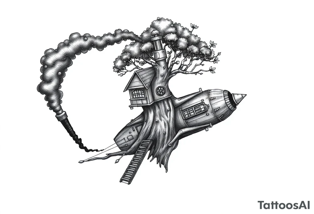 with a steam punk vibe i want you to create a picture of a flying machine that is very intricate that has a neat looking tree growing out of the top, and in the tree i want the smoke stack or exhaust pipe to be coing out of the top of the tree with black fumes trailing behind the machine as it is flying through the air. the tree also should have a neat looking tree house with intricate steam punk windows and a door, and a very intricate and neat staircase that goes down to the top of the machine. remember this picture should be in color and have a definite steam punk look to it. tattoo idea