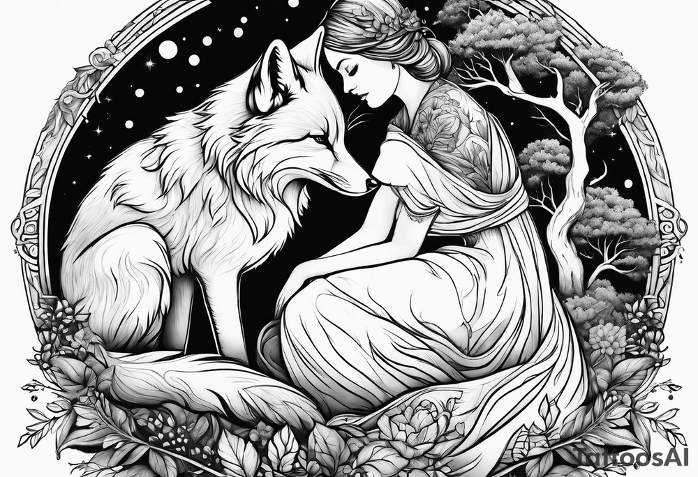 Forest mother feeding fox tattoo idea