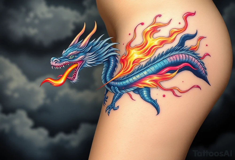 fierce dragon breathing iridescent fire against stormy skies tattoo idea