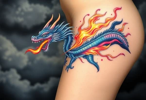 fierce dragon breathing iridescent fire against stormy skies tattoo idea