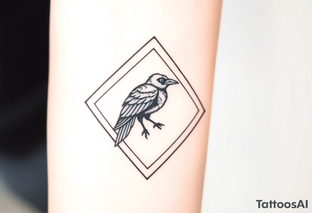 Geometric diamond with lines going around with detailed crow in center with a lot of shading tattoo idea