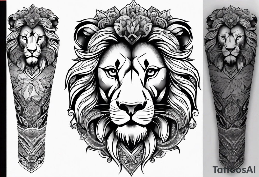 lion leg sleeve with madela patterns tattoo idea