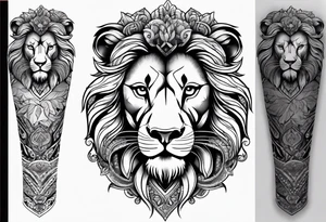 lion leg sleeve with madela patterns tattoo idea