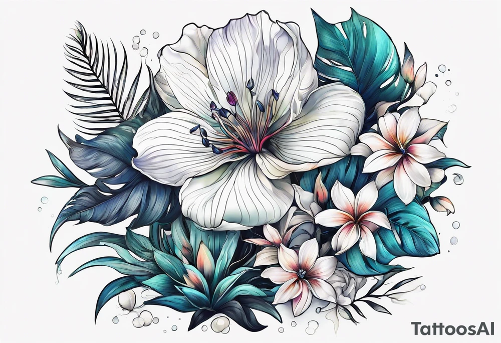 sea,, night, flower, palm, tattoo idea