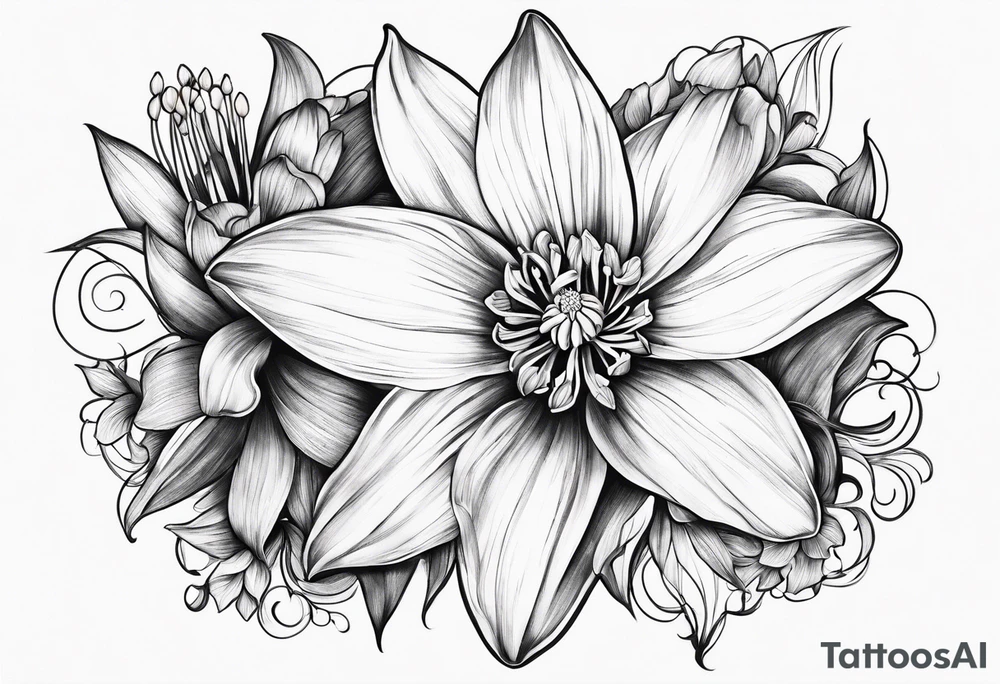 Intertwined daffodil, larkspur, and water lily tattoo idea