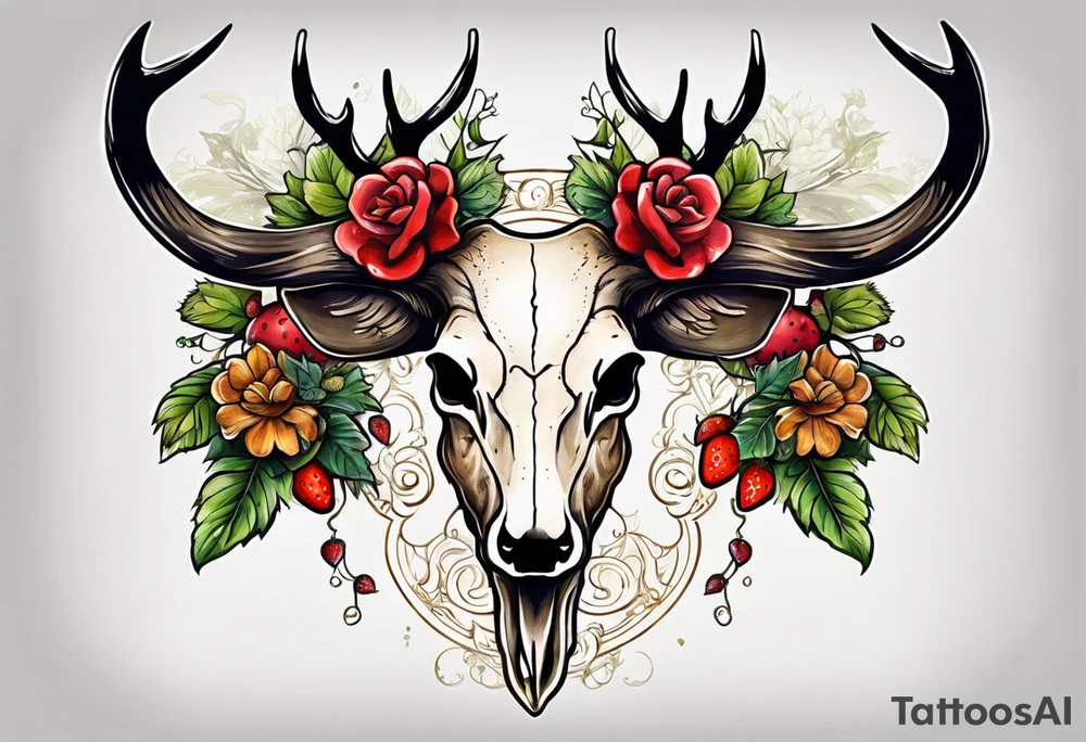 A deer skull. The astrological sign for Aries and Taurus hanging from the antlers. There should be some strawberry imagery in it also. tattoo idea