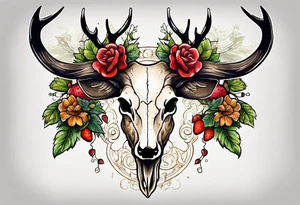 A deer skull. The astrological sign for Aries and Taurus hanging from the antlers. There should be some strawberry imagery in it also. tattoo idea