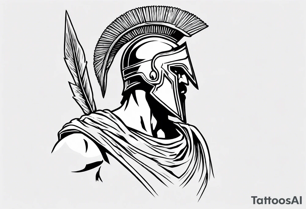 rectangular landscape format ultra-fine line linework vector of a spartan from the side, spartan spear, spartan shield, laurel wreath tattoo idea