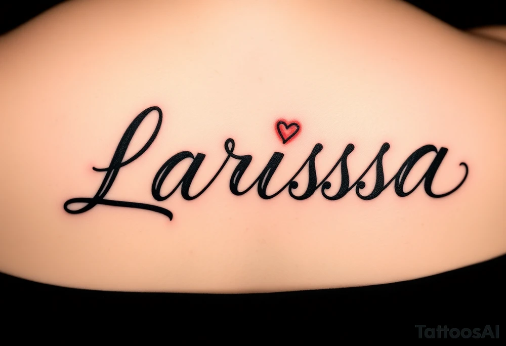 Can you make the name larissa in cursive but in black but put a little heart in above the i and the r and add a faint but visable red glowing around the name dont make the red too bright and show it on the forearm tattoo idea