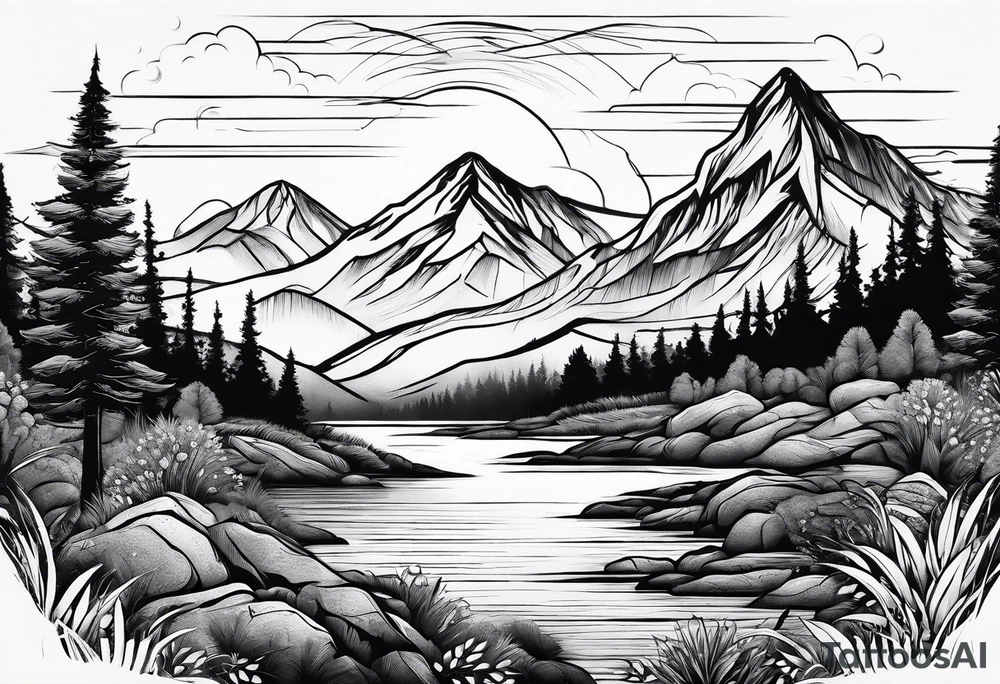 Fineline mountain scene tattoo idea