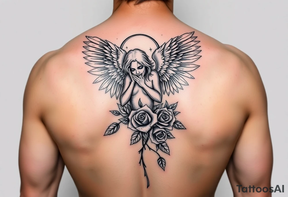Sexy fallen angel with roses tattoo idea