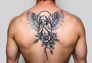 Sexy fallen angel with roses tattoo idea
