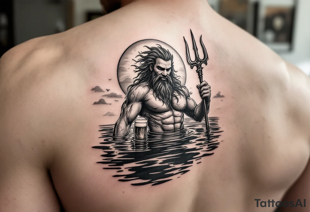 young, happy, fit poseidon in calm water, holding a trident, drinking a beer, with sunset tattoo idea