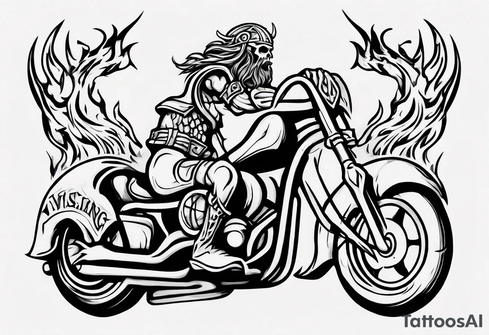 Create a tattoo design of my company called “Viking Customs” i want the name in the tattoo with a skeleton riding a motorcycle into the distance with flames tattoo idea